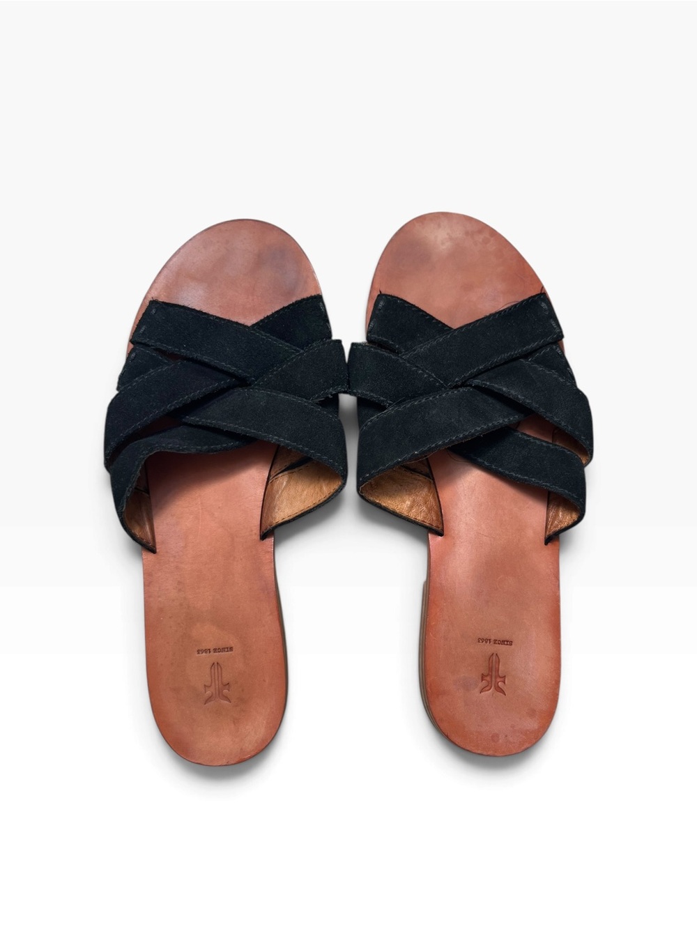 Frye Black Crisscross Leather Slide Sandals